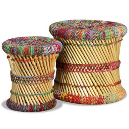 Walplus Stools With Chindi Details 2 Pcs Multicolour Bamboo