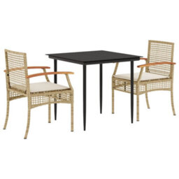 Berkfield 3 Piece Garden Dining Set With Cushions Beige Poly Rattan - thumbnail 2