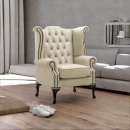 Chesterfield High Back Wing Chair Shelly Cream Leather Bespoke In Queen Anne Style - thumbnail 2