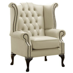 Chesterfield High Back Wing Chair Shelly Cream Leather Bespoke In Queen Anne Style - thumbnail 1