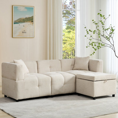 "Btm 80"" L-Shaped Sectional Sofa With Removable Storage Ottoman & 2 Pillows, Fabric Sofa For Living Room & Apartment, Beige" - image 1