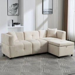 "Btm 80"" L-Shaped Sectional Sofa With Removable Storage Ottoman & 2 Pillows, Fabric Sofa For Living Room & Apartment, Beige" - thumbnail 2