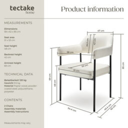 Tectake Set Of 2 Armchair Doé - Durable Fabric, Black Powder-Coated Legs, 120 Kg Load, 58 X 62 X 85 Cm  - Woven Fabric Off-White/black - thumbnail 6