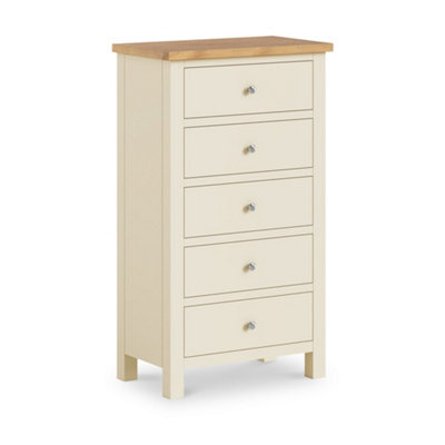 Farro Cream Xl 5 Drawer Tallboy Chest Fully Assembled - Painted With Oak Top By Roseland Furniture - image 1