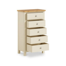 Farro Cream Xl 5 Drawer Tallboy Chest Fully Assembled - Painted With Oak Top By Roseland Furniture - thumbnail 5
