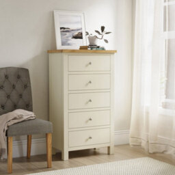 Farro Cream Xl 5 Drawer Tallboy Chest Fully Assembled - Painted With Oak Top By Roseland Furniture - thumbnail 3