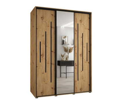 Arte Oak Artisan Mirrored Cannes Xiii Sliding Wardrobe H2050mm W1700mm D600mm With Custom Black Steel Handles And Decorative Strips - image 1