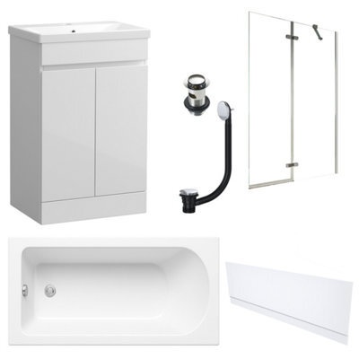 FNX Bathrooms Waterproof 600mm Vanity Unit With Single Ended Bath, Gloss White Front Panel, Chrome Screen, Bath & Slotted Basin Waste - image 1
