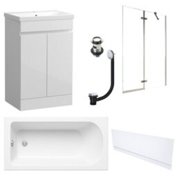 FNX Bathrooms Waterproof 600mm Vanity Unit With Single Ended Bath, Gloss White Front Panel, Chrome Screen, Bath & Slotted Basin Waste