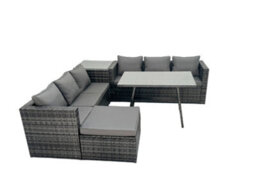 Fimous Rattan Dining Table Sofa Set With Side Table 2 Big Footstools Outdoor Garden Furniture Set Dark Grey Mixed - thumbnail 2