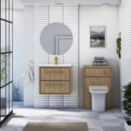 Royal Bathrooms Livora 600mm Natural Oak Wall Hung Bathroom Vanity Unit 2 Drawer With Ceramic Basin & Brushed Brass Handle - thumbnail 3