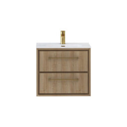 Royal Bathrooms Livora 600mm Natural Oak Wall Hung Bathroom Vanity Unit 2 Drawer With Ceramic Basin & Brushed Brass Handle - thumbnail 5