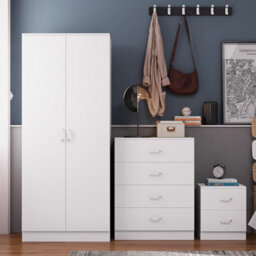 Fwstyle 3 Piece White Bedroom Furniture Set Bedside Chest Wardrobe - thumbnail 2