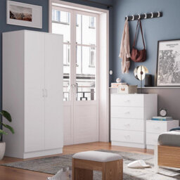 Fwstyle 3 Piece White Bedroom Furniture Set Bedside Chest Wardrobe