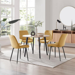 Furniturebox Uk Koko Oak Effect Round Dining Table & 4 Mustard Pesaro Black Leg Chairs