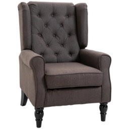 Homcom Accent Chair Wingback Armchair Retro Tufted Club Wood Fabric, Brown - thumbnail 2
