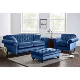 Xample Bordeaux Button Back 2 Seater Sofa In Blue Fabric Tufted Scroll Arms, Foam Cushions, Solid Wood Legs & 2 Accent Pillows