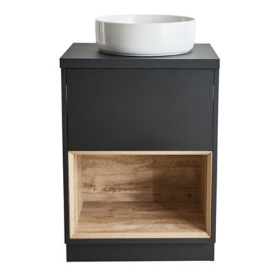 Homestylestore Black Grey 600mm Bathroom Vanity Unit Open Shelf With Round Countertop Basin & Led Light - image 1