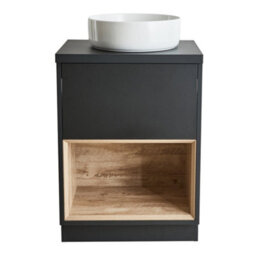 Homestylestore Black Grey 600mm Bathroom Vanity Unit Open Shelf With Round Countertop Basin & Led Light - thumbnail 1