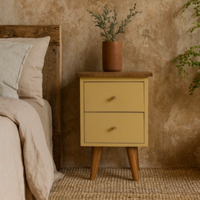 Wyld Haus Gordes Yellow Hand-Painted Mango Wood Bedside Table, 2 Drawers, Nordic Legs - image 1