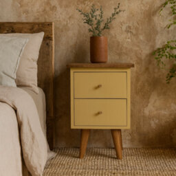 Wyld Haus Gordes Yellow Hand-Painted Mango Wood Bedside Table, 2 Drawers, Nordic Legs