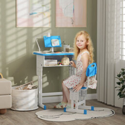 Homcom Kids Desk And Chair Set W/ Drawer, Book Stand, Pen Slot, Blue - thumbnail 1