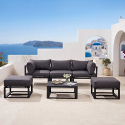 Evre Santorini 6 Seater Aluminium Garden Furniture Modular Corner Sofa Set With Space-Saving Ottomans, Cushions & Coffee Table