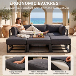 Evre Santorini 6 Seater Aluminium Garden Furniture Modular Corner Sofa Set With Space-Saving Ottomans, Cushions & Coffee Table - thumbnail 6