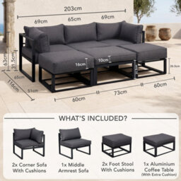 Evre Santorini 6 Seater Aluminium Garden Furniture Modular Corner Sofa Set With Space-Saving Ottomans, Cushions & Coffee Table - thumbnail 9