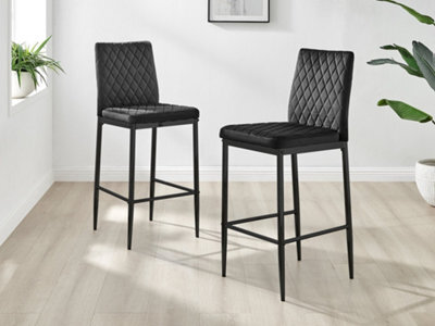Furniturebox Set Of 2 Milan Black Diamond-Stiched Soft Touch Velvet Black Leg Padded Counter Stools - image 1