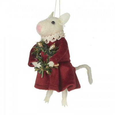 Heaven Sends Christmas Felt White Mouse Hanging Decoration In Burgundy Velour Dress With Golden Wreath, 11.5 X 9 X 6 Cm