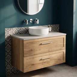 Balterley Stonnall Traditional Wall Hung 2 Drawers Vanity Unit With White Sparkle Laminate Worktop, 800mm, Autumn Oak - thumbnail 3