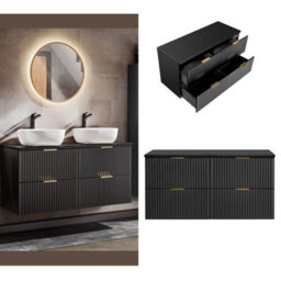Impact Furniture Bathroom Double Vanity Unit 1200mm Countertop Wall Hung Drawer Cabinet Ribbed Black Modern Fluted Adel - thumbnail 1