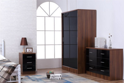 Reflect 2 Door Sliding Wardrobe, 6 Drawer Wide Chest, 3 Drawer Bedside - Black Gloss & Walnut - Modern Bedroom Furniture Set - image 1