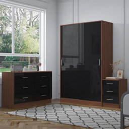 Reflect 2 Door Sliding Wardrobe, 6 Drawer Wide Chest, 3 Drawer Bedside - Black Gloss & Walnut - Modern Bedroom Furniture Set - thumbnail 2