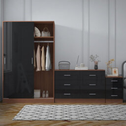 Reflect 2 Door Sliding Wardrobe, 6 Drawer Wide Chest, 3 Drawer Bedside - Black Gloss & Walnut - Modern Bedroom Furniture Set - thumbnail 3
