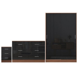 Reflect 2 Door Sliding Wardrobe, 6 Drawer Wide Chest, 3 Drawer Bedside - Black Gloss & Walnut - Modern Bedroom Furniture Set - thumbnail 6