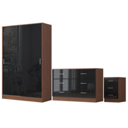 Reflect 2 Door Sliding Wardrobe, 6 Drawer Wide Chest, 3 Drawer Bedside - Black Gloss & Walnut - Modern Bedroom Furniture Set - thumbnail 5