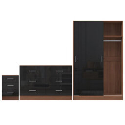 Reflect 2 Door Sliding Wardrobe, 6 Drawer Wide Chest, 3 Drawer Bedside - Black Gloss & Walnut - Modern Bedroom Furniture Set - thumbnail 7