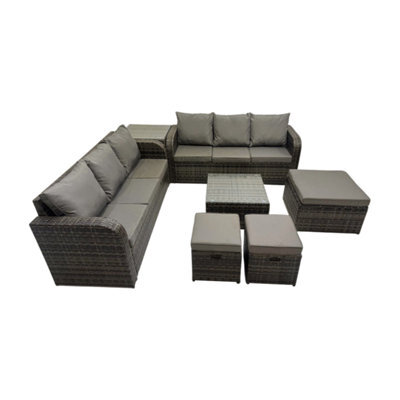 Fimous Rattan Garden Outdoor Furniture Set 3 Seater Sofa Square Coffee Table Set With Side Table 3 Stools Dark Grey Mixed - image 1