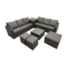 Fimous Rattan Garden Outdoor Furniture Set 3 Seater Sofa Square Coffee Table Set With Side Table 3 Stools Dark Grey Mixed - thumbnail 2