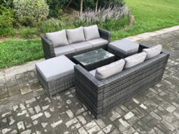 Fimous Rattan Garden Furniture Set Indoor Outdoor Patio Sofa Set With Oblong Coffee Table 2 Big Footstool 8 Seater Dark Grey - thumbnail 1