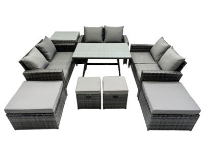 Fimous 10 Seater Wicker Pe Rattan Furniture Outdoor Dining Table Double Seat Sofa 4 Stools Side Table Set Dark Grey Mixed - image 1
