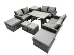Fimous 10 Seater Wicker Pe Rattan Furniture Outdoor Dining Table Double Seat Sofa 4 Stools Side Table Set Dark Grey Mixed - thumbnail 2
