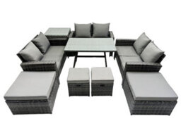 Fimous 10 Seater Wicker Pe Rattan Furniture Outdoor Dining Table Double Seat Sofa 4 Stools Side Table Set Dark Grey Mixed - thumbnail 1