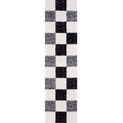 The Rugs Black Grey And Ivory Soft Checkerboard Design Fluffy Shaggy Rugs And Runners High Pile Living Room Kitchen Hallway 381 - image 1