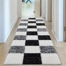The Rugs Black Grey And Ivory Soft Checkerboard Design Fluffy Shaggy Rugs And Runners High Pile Living Room Kitchen Hallway 381 - thumbnail 2