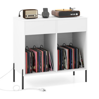 Costway Record Player Stand Double Wide Turntable Stand W/ Power Outlets-White - image 1