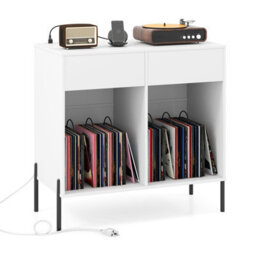 Costway Record Player Stand Double Wide Turntable Stand W/ Power Outlets-White - thumbnail 1