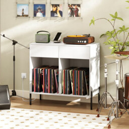 Costway Record Player Stand Double Wide Turntable Stand W/ Power Outlets-White - thumbnail 4